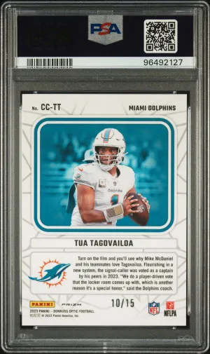 2023 Panini Donruss Optic Captain In Charge Tua Tagovailoa Captain In Charge-Ice /17 PSA 10 back