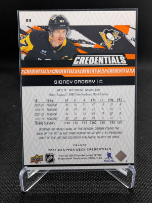 23-24 Upper Deck Credentials - Orange - Sidney Crosby /249 #69 back