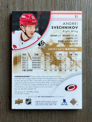 JERSEY NUMBER! 2023-24 SP Authentic Andrei Svechnikov Limited Auto Material Patch 37/50 #21 back