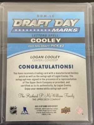 2023-24 SP Game Used Logan Cooley Draft Day Marks “O” Auto /35 back
