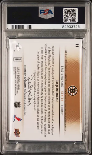 2013 Sp Authentic 2012-13 Sp Authentic Updated Brad Marchand POP 1 Dual 10 Grades back