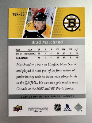 2024-25 Upper Deck Series 1 Hockey Brad Marchand back