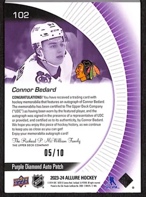 Connor Bedard Allure Rookie Purple Diamond Auto Patch /10 back