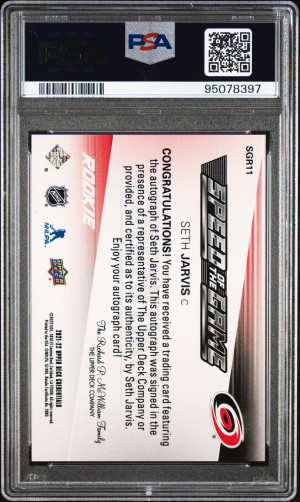 2021-2022 Upper Deck Credentials Speed Of The Game Rookie Seth Jarvis Speed/Game Rk-Gold Auto back