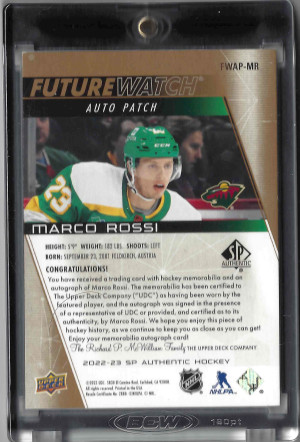 Marco Rossi | 2022 SP Authentic | Future Watch Auto Patch #FWAP-MR 42/100 back