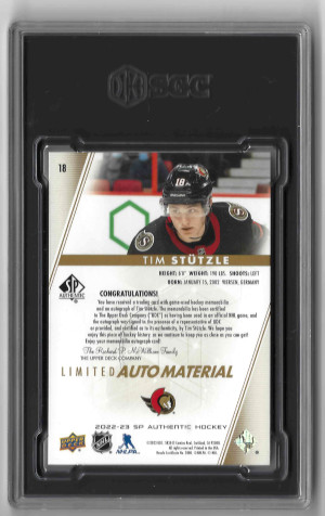 Tim Stutzle | 2022 SP Authentic | Limited Auto Material #18 13/50 SGC 8 back
