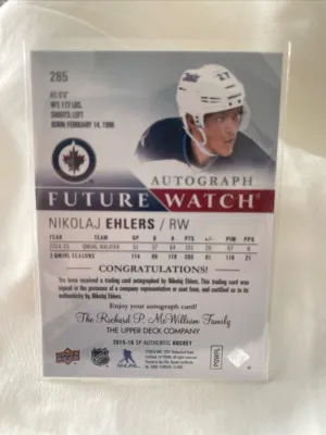 2015-16 SP AUTHENTIC NIKOLAJ EHLERS #285 FUTURE WATCH AUTO RC /999 back