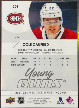2021-22 Upper Deck Series 1 - Young Guns #201 Cole Caufield (RC) back