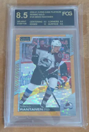 2020-21 O-Pee-Chee Platinum Mikko Rantanen Seismic Gold 21/50 FCG 8.5 front