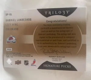 Gabriel Landeskog 2013-14 Upper Deck Trilogy Hockey Signature Pucks SPGL back