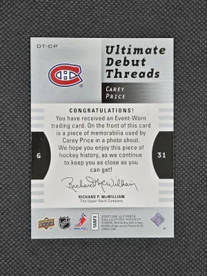 2007-08 Upper Deck Ultimate Collection Debut Threads Jersey /200 - Carey Price back
