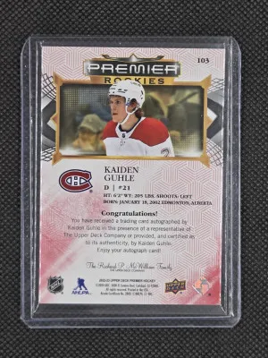 2022-23 Upper Deck Premier Rookie Auto - Kaiden Guhle back