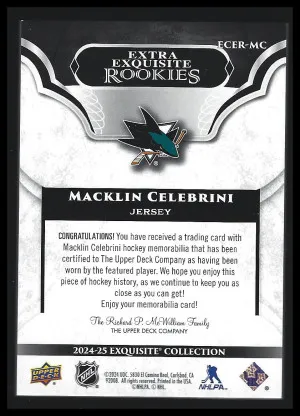 2024-25 UD Black Diamond Extra Exquisite RC Patch /349 Macklin Celebrini back