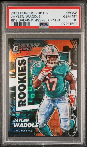 2021 Panini Donruss Optic Rookie Gridiron Kings Jaylen Waddle Rookie Gridiron Kings Black Pandora /25 front