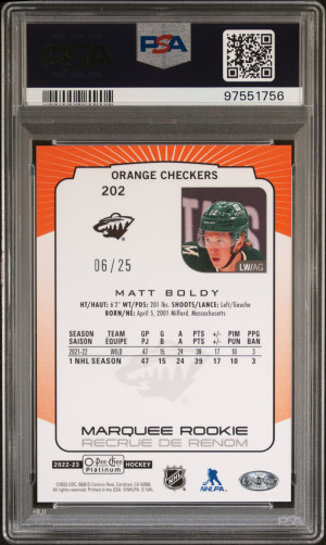 2022 O-Pee-Chee Platinum Matt Boldy Orange Checkers /25 back