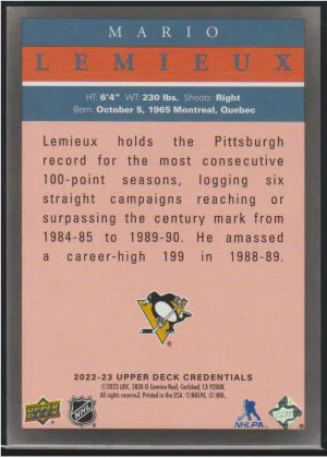 Mario Lemieux Credentials 2022-23 Pro Visions SSP back