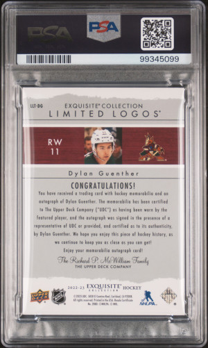 2022 Upper Deck The Cup Exquisite Collection 2003-04 Limited Logos Autograph Patches Dylan Guenther Ec '03 Limited Logo Auto Pat back