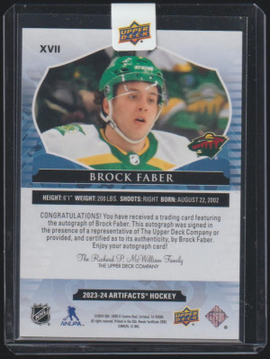 Brock Faber 2023-24 Artifacts Rookie Redemption Auto #XVII back