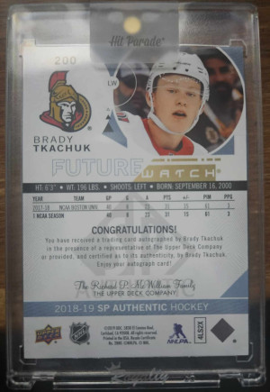 Brady Tkachuk 2018-19 SPA Inscribed Future Watch Auto /999 back