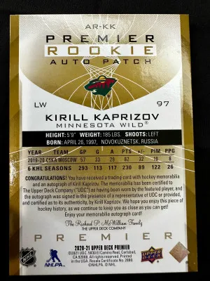 Kirill Kaprizov Premier Rookie Patch Auto Gold Acetate /35 back