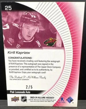 23-24 UD ALLURE KIRILL KAPRIZOV PINK LEMONADE /5 AUTO SIGNATURE #25 SSP back