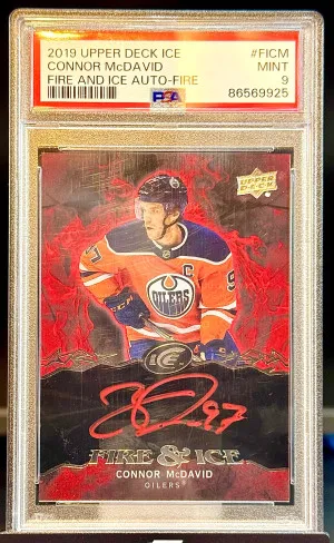 Connor McDavid 2019-20 UD Ice Fire & Ice {FIRE} Auto PSA 9 front