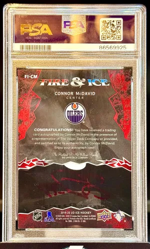 Connor McDavid 2019-20 UD Ice Fire & Ice {FIRE} Auto PSA 9 back