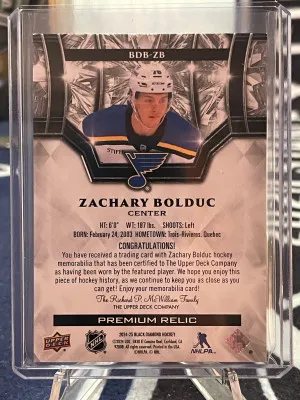 Zachary Bolduc 2024-25 UD Black Diamond Premium Relic /50 #BDB-ZB back