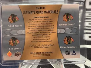 Kane / Toews / Jones / Kurashev 22/23 UD Ultimate Quad Materials Patch /25 back