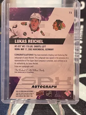 2023-24 SPx Autographs #73 Lukas Reichel Auto back