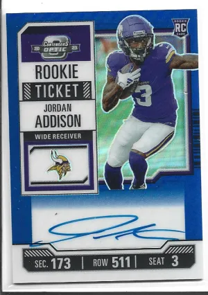 2023 Optic Contenders Jordan Addison Blue Rookie Ticket Auto /75 front