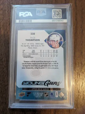 PSA 9 Tage Thompson Young Guns 2017-18 Upper Deck Rookie Card RC! Card #228 back