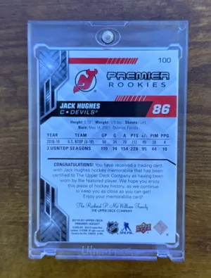 2019-20 Upper Deck Premier Rookie Jack Hughes Patch /15 back