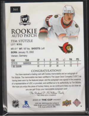 Tim Stützle 2020-21 The Cup Rookie Auto Patch /12 back
