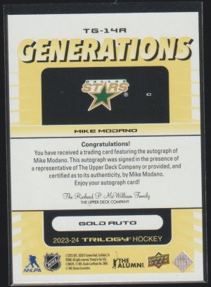 Mike Modano 2023-24 Trilogy Generations Gold Auto /10 back