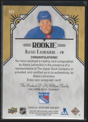 Alexis Lafreniere 2020-21 Stature Rookie Auto /199 back