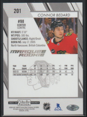 Connor Bedard 2023-24 OPC Platinum Marquee Rookie Pond Hockey SSP back
