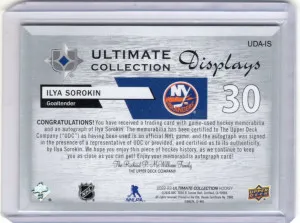 22-23 Ultimate Hockey Displays Auto Jersey UDA-IS Ilya Sorokin (54/99) back