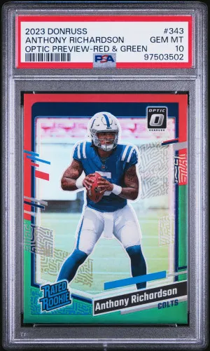 2023 Panini Donruss Anthony Richardson Optic Preview-Red & Green PSA 10 front