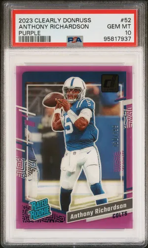 2023 Panini Clearly Donruss Anthony Richardson Purple /199 PSA 10 front