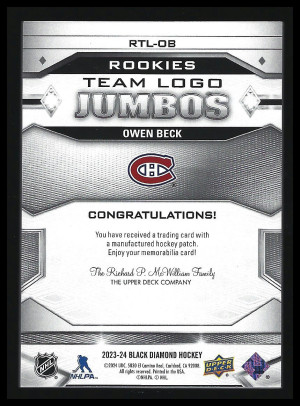 2023-24 UD Black Diamond OWEN BECK Team Logo Jumbo Jersey Rookie Canadiens back