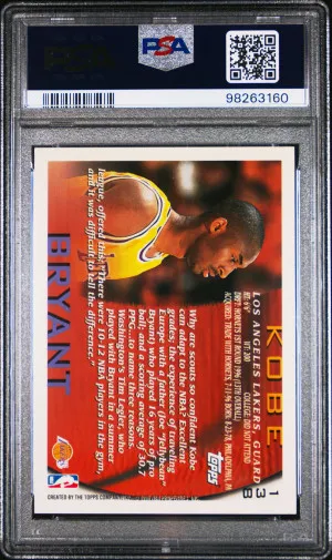 1996 Topps Kobe Bryant Rookie #138 PSA 10 back