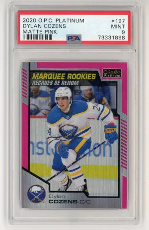 2020 O-Pee-Chee Platinum #197 Dylan Cozens Rookie Matte Pink PSA 9 Mint front