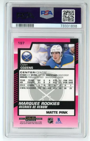2020 O-Pee-Chee Platinum #197 Dylan Cozens Rookie Matte Pink PSA 9 Mint back