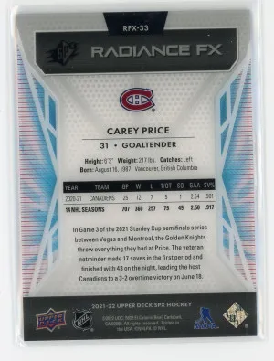 2021-22 SPx #RFX-33 Carey Price Radiance F/X Gold 42/50 ***see details*** back