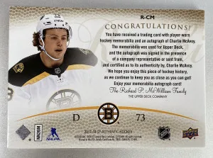 Charlie McAvoy 2017-18 Rookie Upper Deck SP Authentic Retro Future Watch Patch Autograph /25 back
