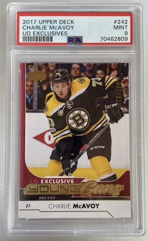 Charlie McAvoy 2017-18 Rookie Upper Deck Young Guns Exclusives PSA 9 front