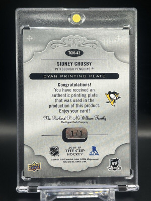 2018-19 UD The Cup Sidney Crosby Rookie Masterpieces Printing Plate Cyan 1/1 back