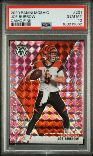 2020 Panini Mosaic Joe Burrow Rookie Camo Pink PSA 10 front