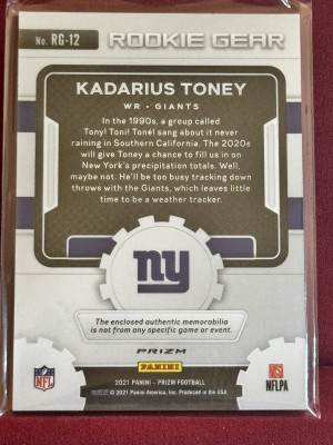 2021 Panini Prizm Kadarius Toney #RG-12 Silver Rookie Gear back